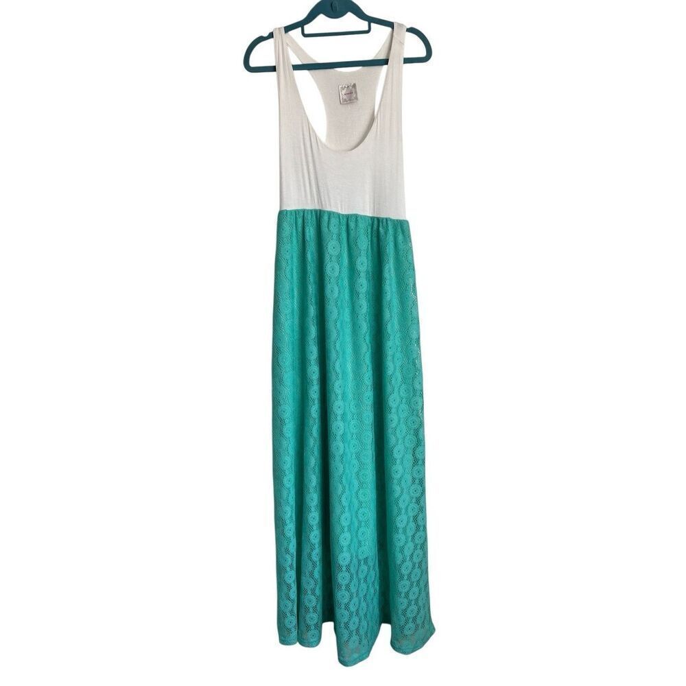 NYMPHE by Anthropologie‎ Dress Womens Size L White Teal Lace Maxi Boho Coastal